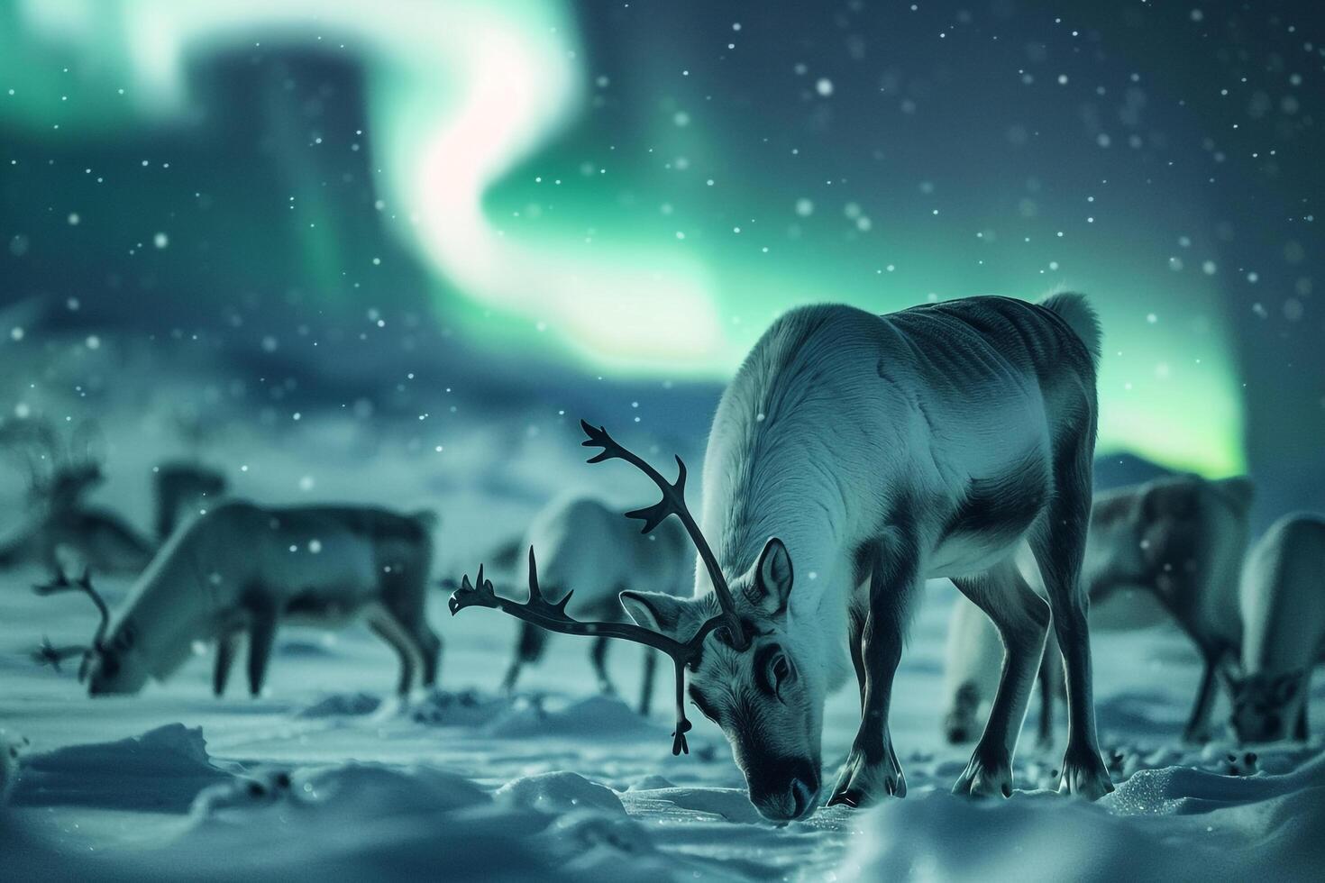 Reindeer herd grazing peacefully under the  glow of the AurorBorealis in snowy Arctic landscape background photo