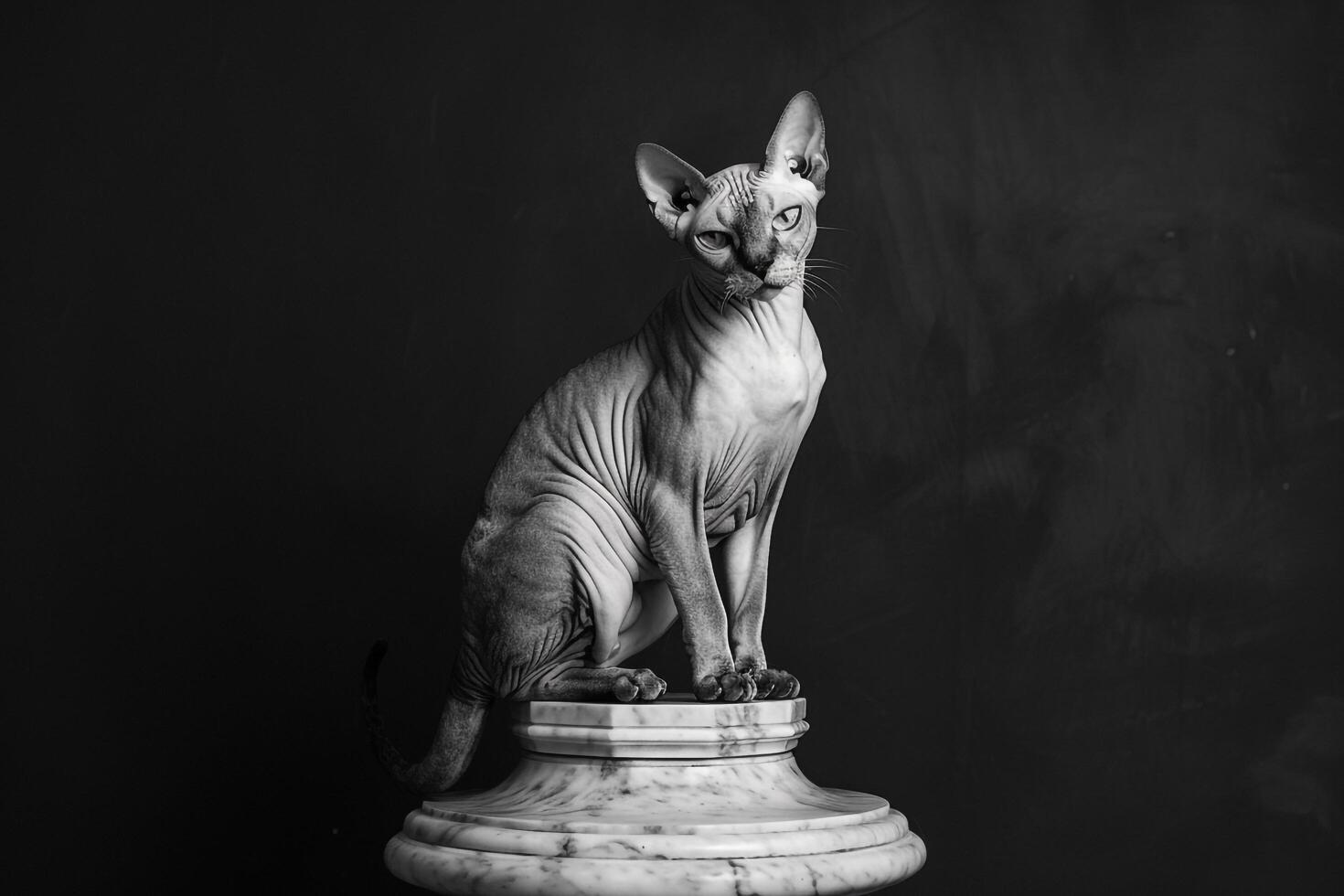 Contemplative Sphinx cat sitting regally on marble pedestal eyes ed with an air of mystery background photo
