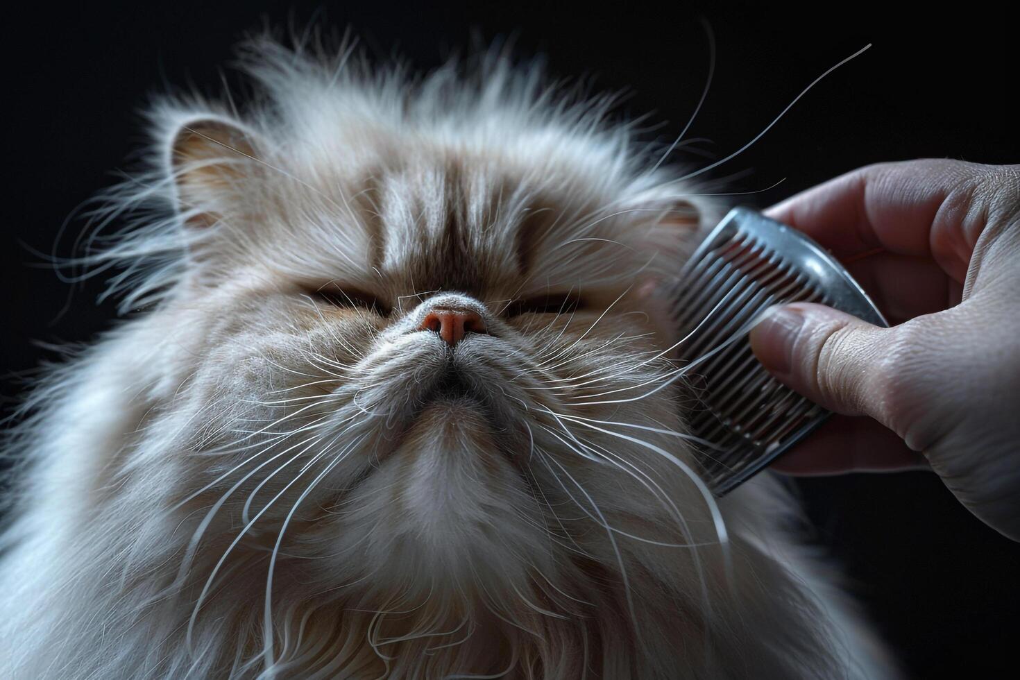 Persian cat being delicately groomed with silver comb its fur gleaming under  studio lights capturing the cats regal profile background photo