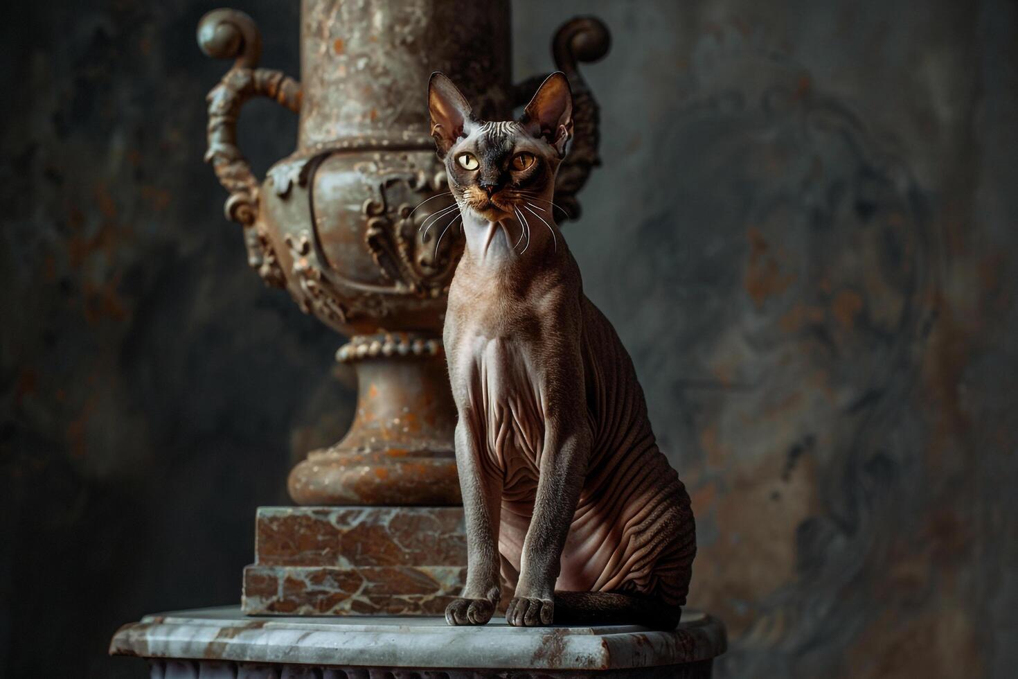 Contemplative Sphinx cat sitting regally on marble pedestal eyes ed with an air of mystery background photo