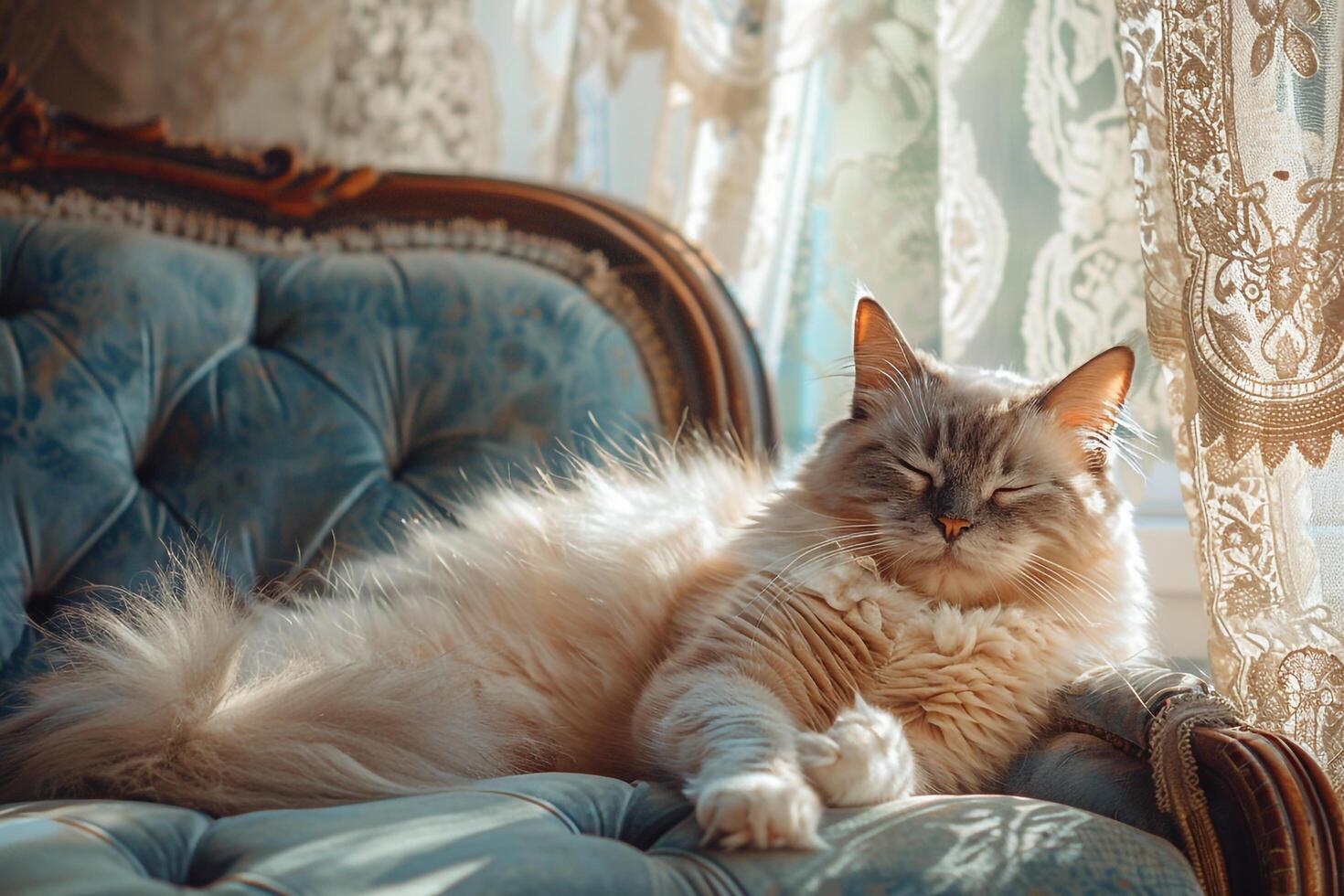 Ragdoll cat lounging on plush velvet sofa bathed in the warm glow of afternoon sunlight streaming through lace curtains photo