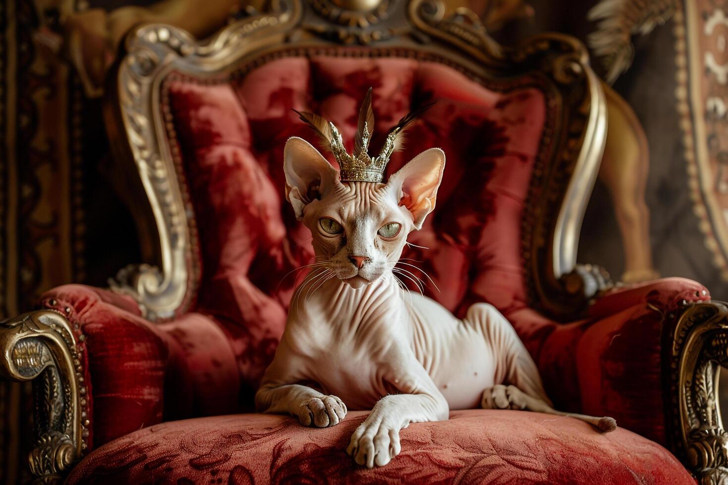 Regal Sphinx Cat Sitting Elegantly on Velvet Throne with Crown of Feathers Resting on Its Head photo