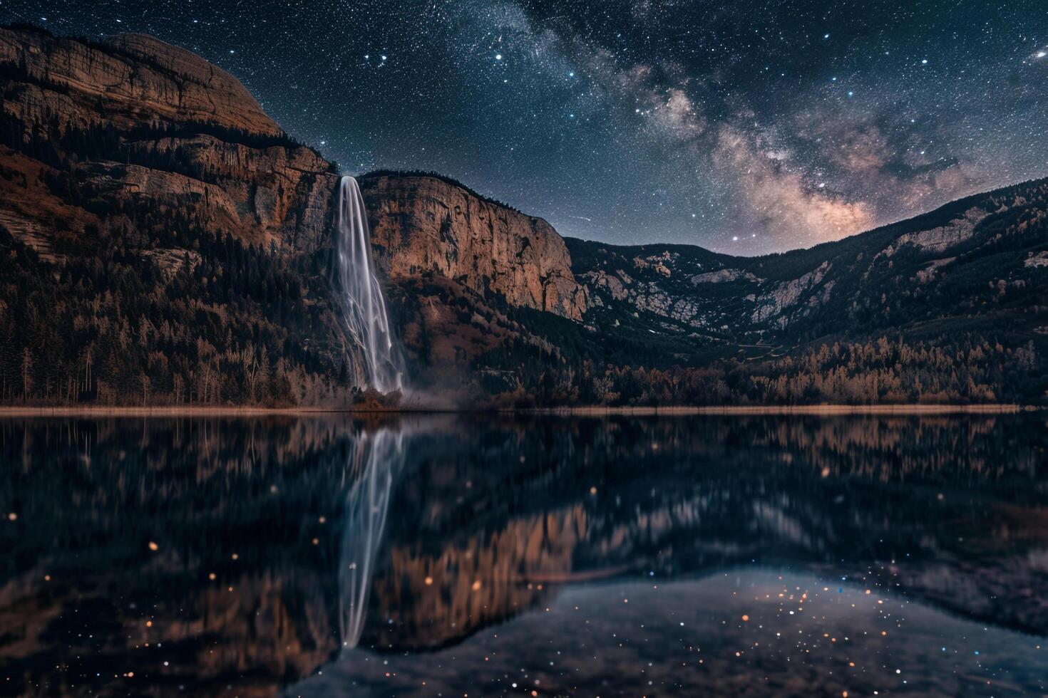 Waterfall nature background Reflective Waterfall Flowing into Mirrored Lake Under Starry Night Sky photo