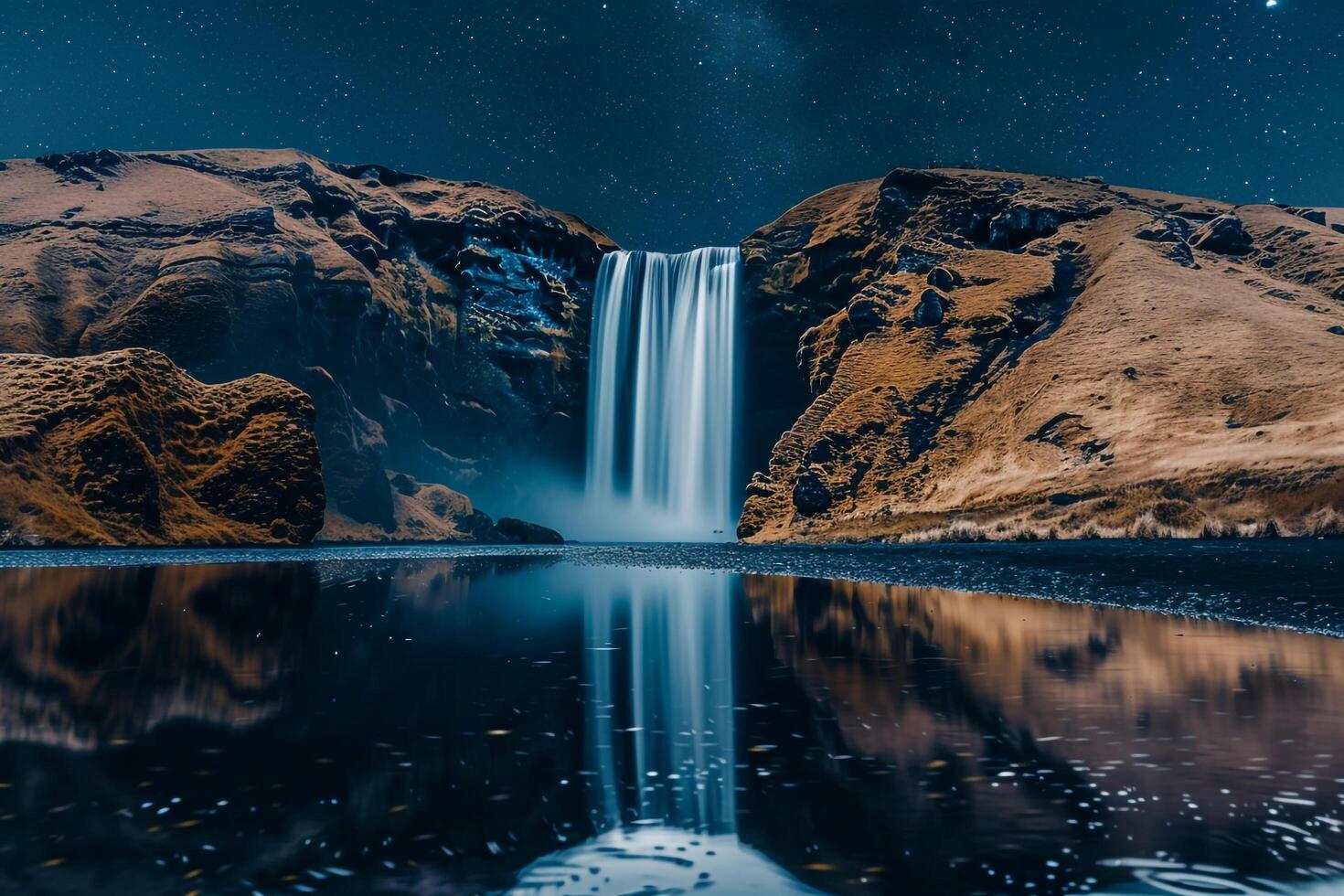 Waterfall nature background Reflective Waterfall Flowing into Mirrored Lake Under Starry Night Sky photo