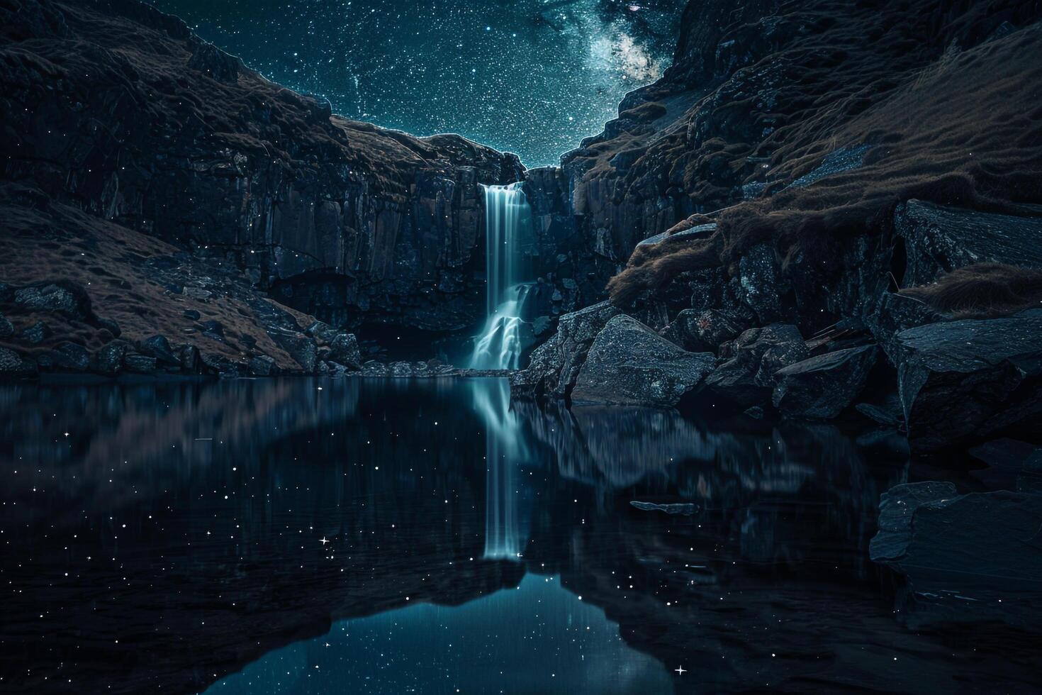 Waterfall nature background Reflective Waterfall Flowing into Mirrored Lake Under Starry Night Sky photo