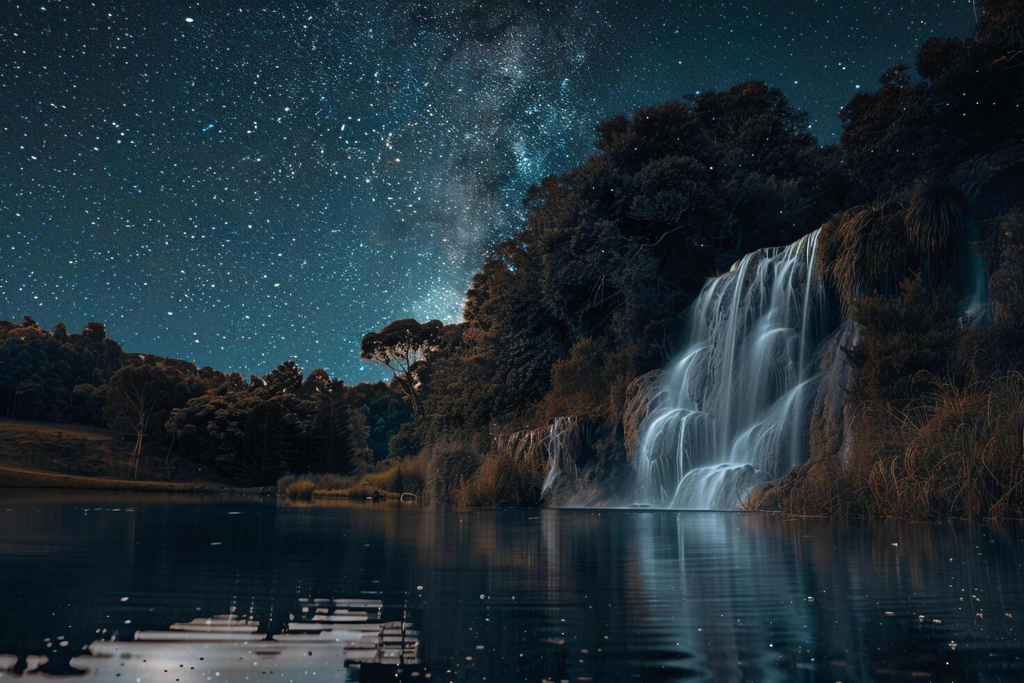 Waterfall nature background Reflective Waterfall Flowing into Mirrored Lake Under Starry Night Sky photo