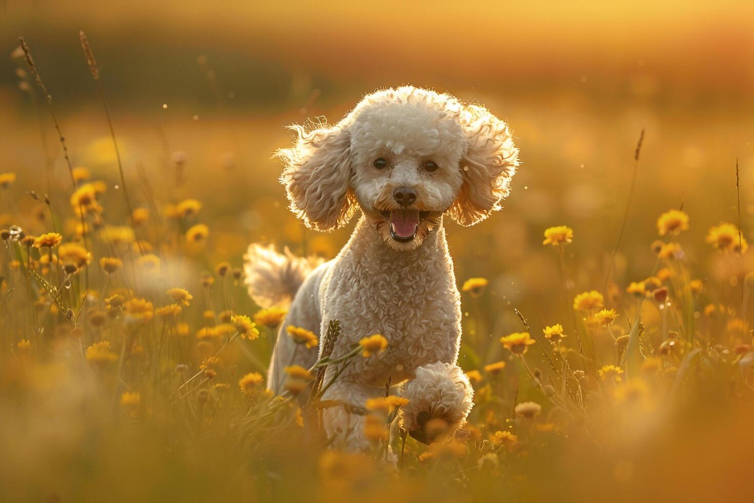 Dog Background Carefree Poodle Running Joyfully Through Field of Wildflowers Fluffy Fur Catching the Sunlight in Burst of Golden Hues photo