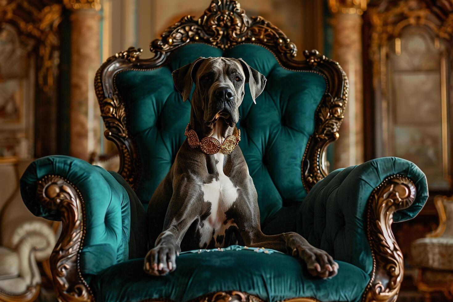Dog Background Majestic Great Dane Sitting Regally on Velvet Throne Adorned with Golden Collar in an Opulent Indoor Setting photo