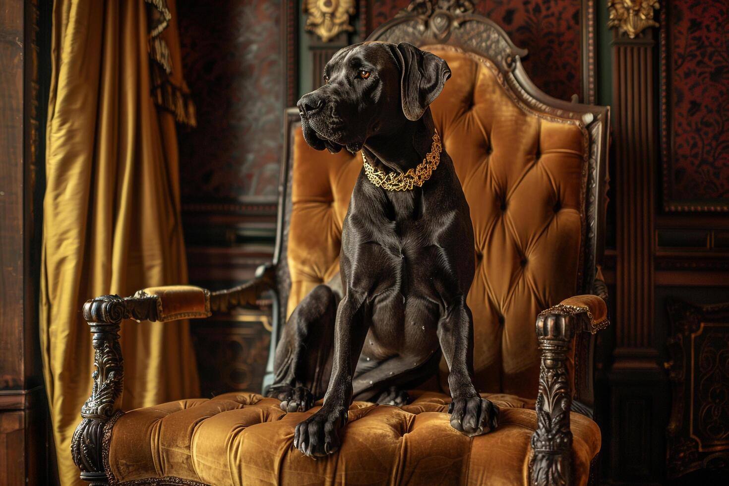 Dog Background Majestic Great Dane Sitting Regally on Velvet Throne Adorned with Golden Collar in an Opulent Indoor Setting photo