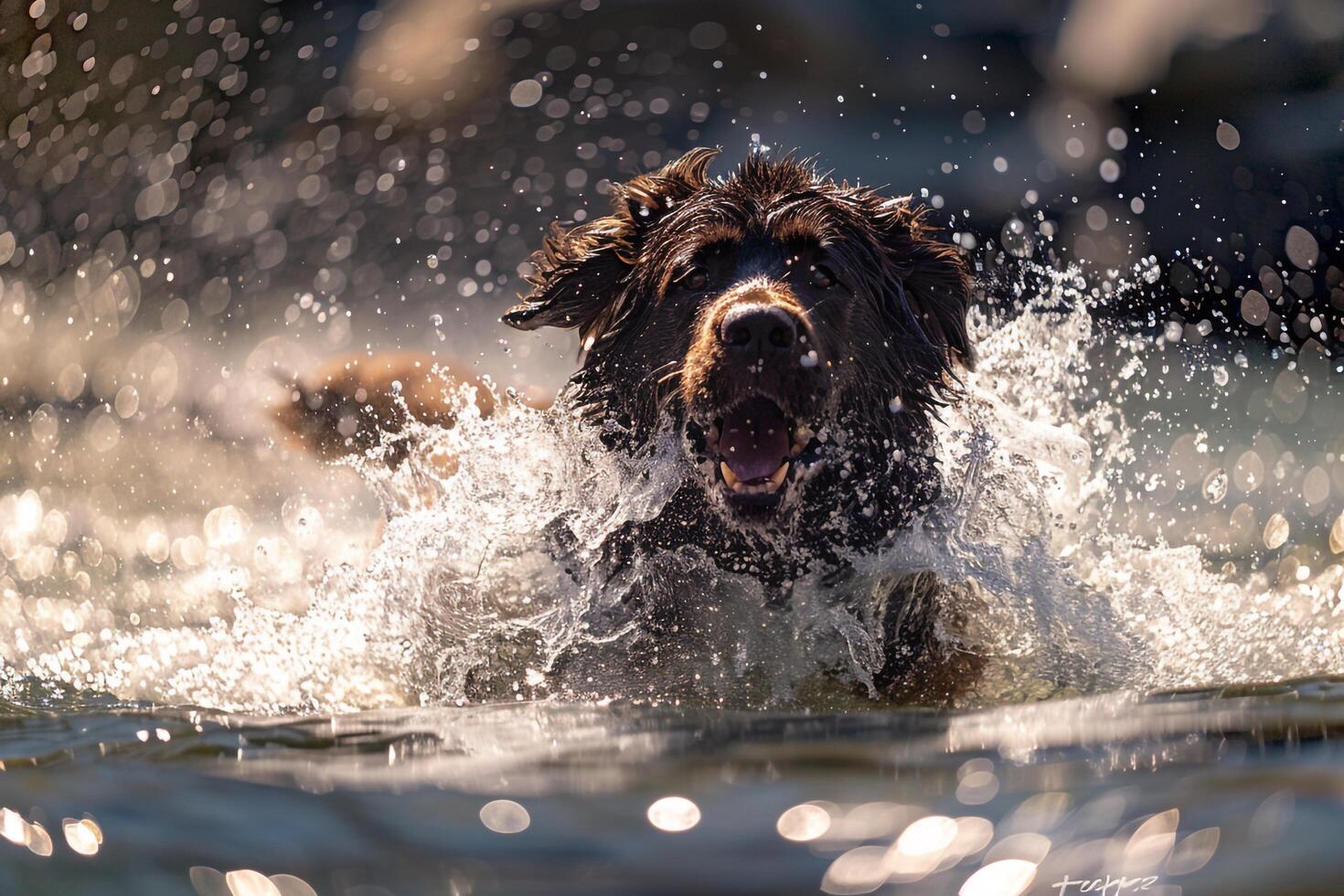 Dog Background Majestic Newfoundland Dog Splashing Joyfully in Clear Mountain Stream Droplets Catching the Sunlight in Sparkling Display photo