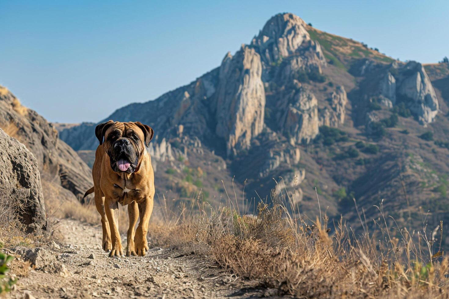 Dog Play Majestic Mastiff Trotting Proudly Along Mountain Trail Against  of Rugged Peaks and Clear Blue Sky photo