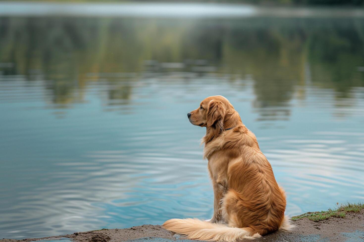 Dog Play Golden Retriever Sitting Peacefully Beside Lake Watching Ripples on the Water with Contemplative Expression photo