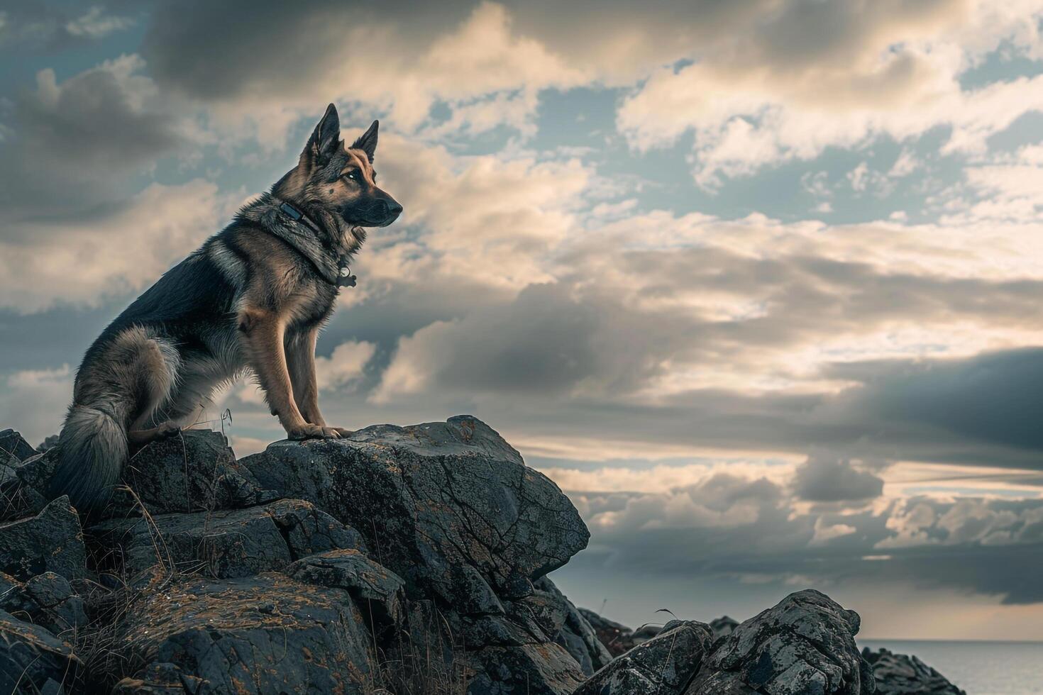 Majestic German Shepherd Posing Against Rocky Cliff Background with WindRuffled Fur and Dramatic Sky photo