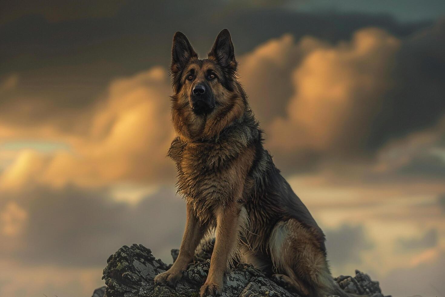 Majestic German Shepherd Posing Against Rocky Cliff Background with WindRuffled Fur and Dramatic Sky photo