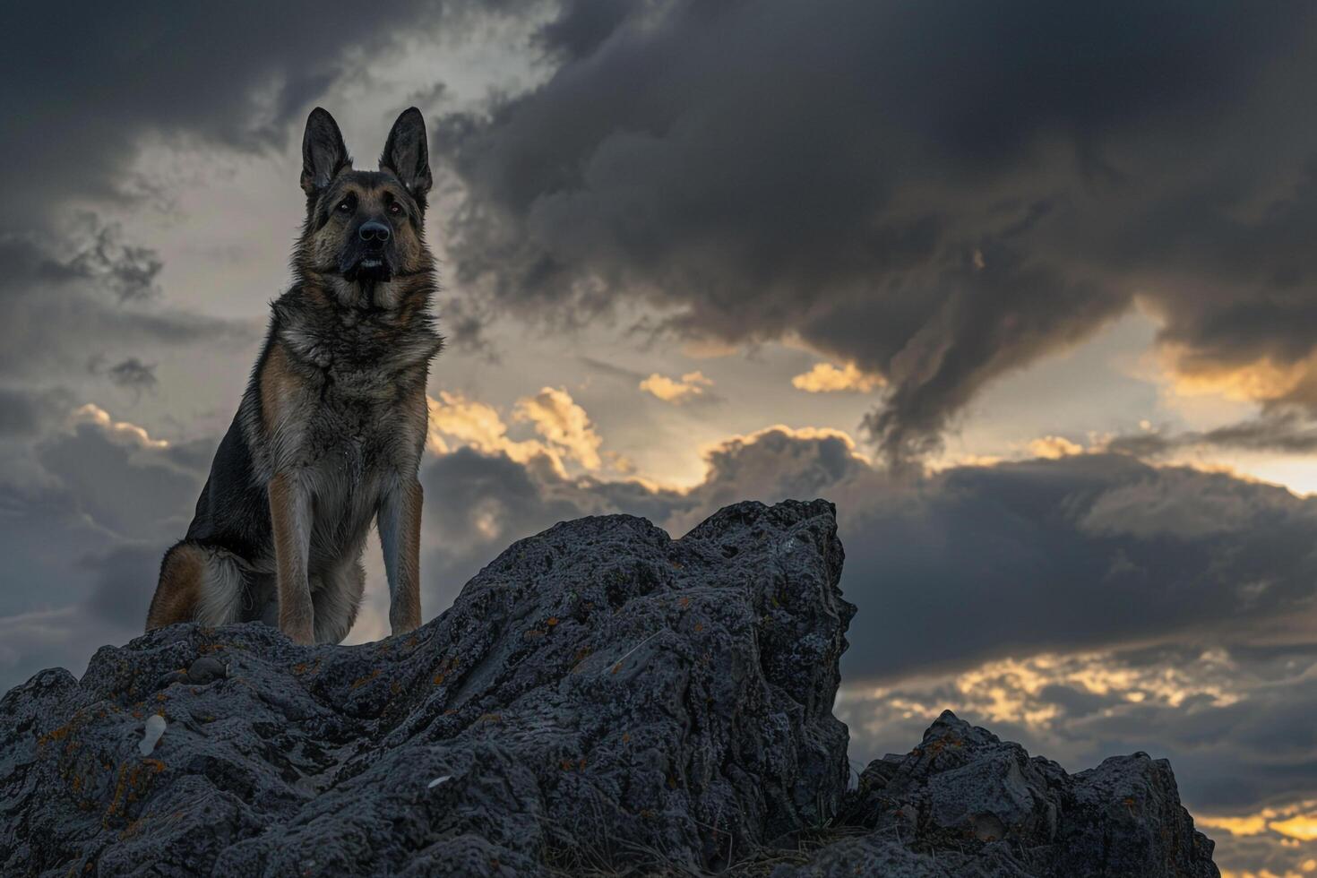 Majestic German Shepherd Posing Against Rocky Cliff Background with WindRuffled Fur and Dramatic Sky photo