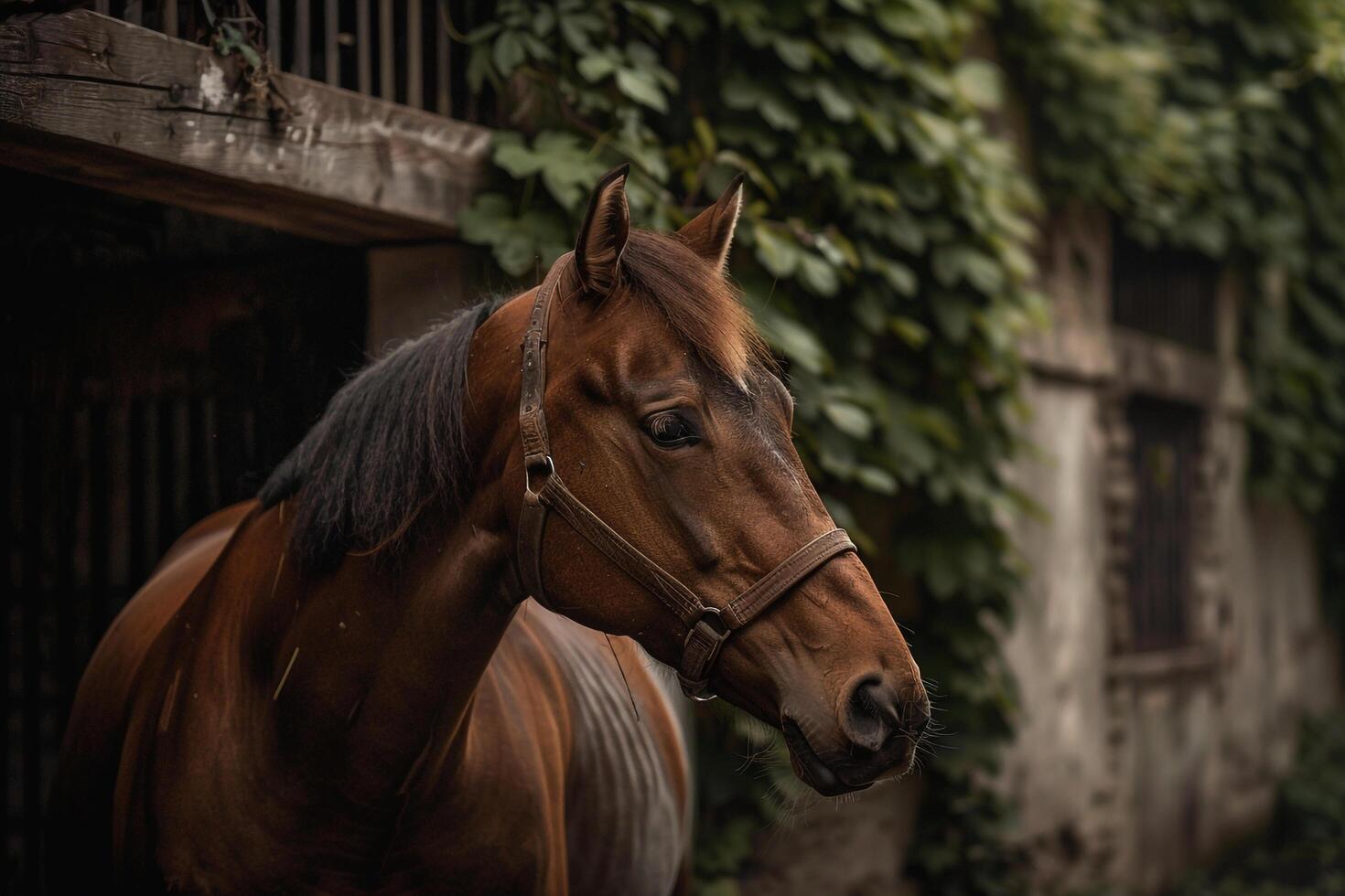 Majestic Horse Being Groomed with  Brush in Stable Courtyard Background with IvyCovered Walls photo