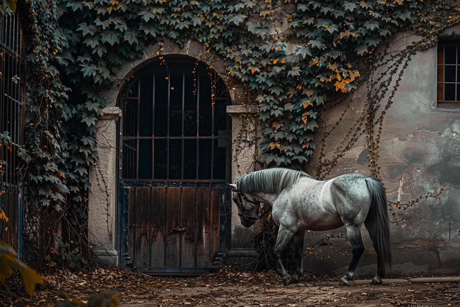 Majestic Horse Being Groomed with  Brush in Stable Courtyard Background with IvyCovered Walls photo