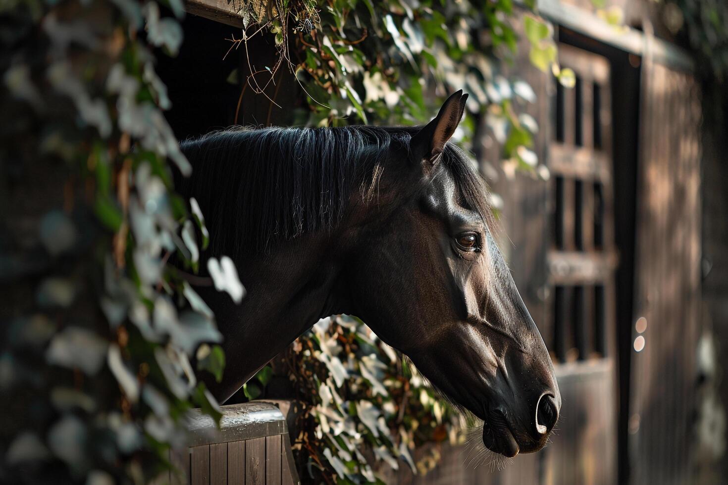 Majestic Horse Being Groomed with  Brush in Stable Courtyard Background with IvyCovered Walls photo