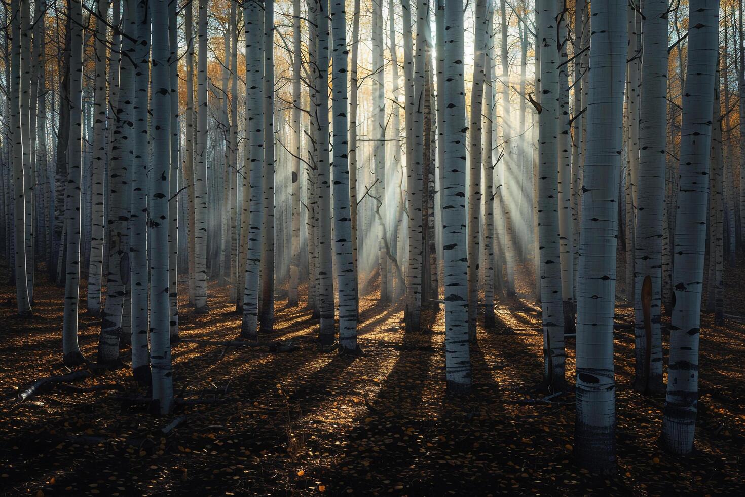 Landscape Sunlight Filtering Through Grove of Aspen Trees Creating Pattern of Light and Shadow on the Forest Floor nature background photo