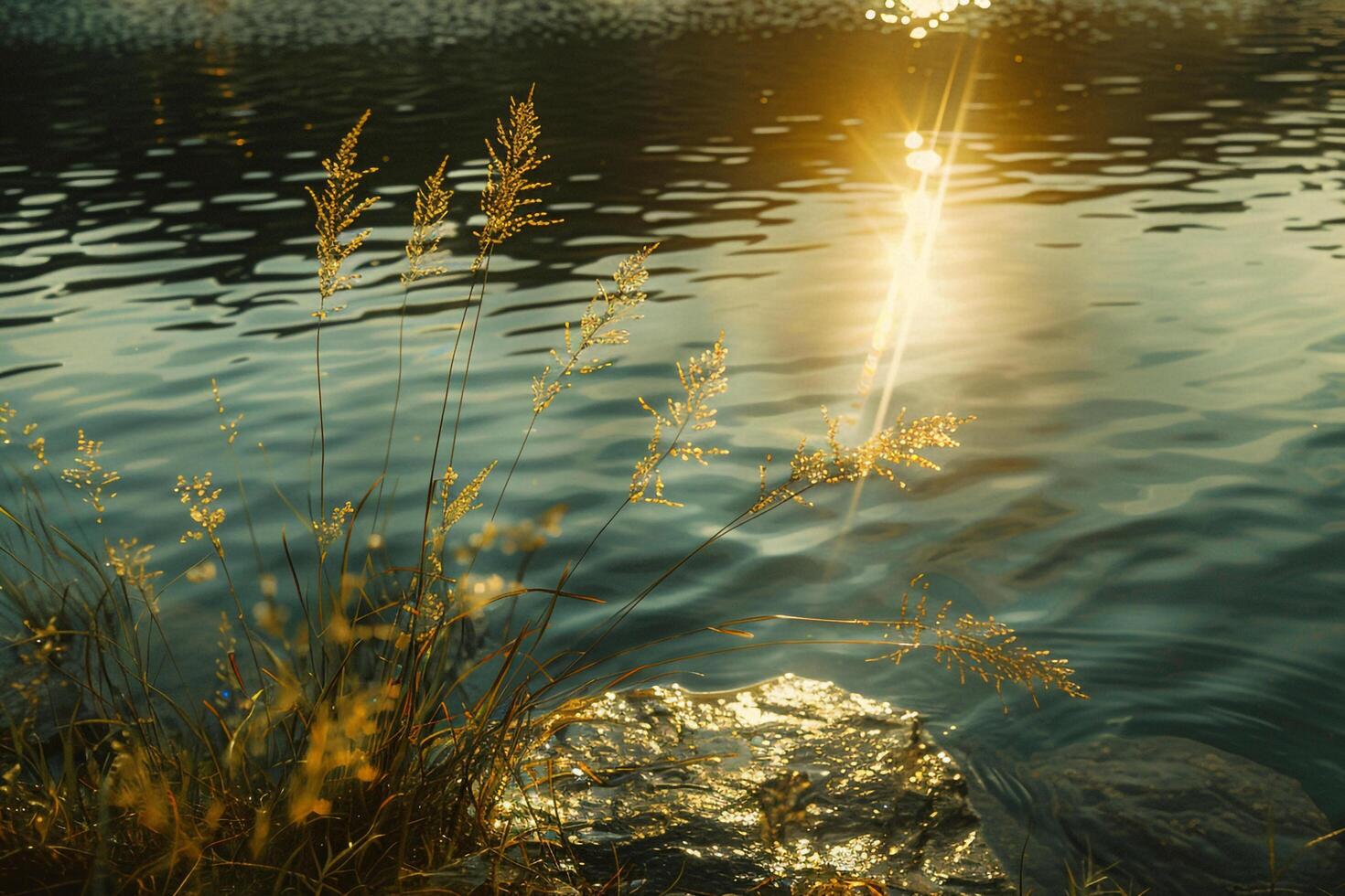 Seascape Sunlight Casting Golden Glow on the Surface of Lake nature background photo
