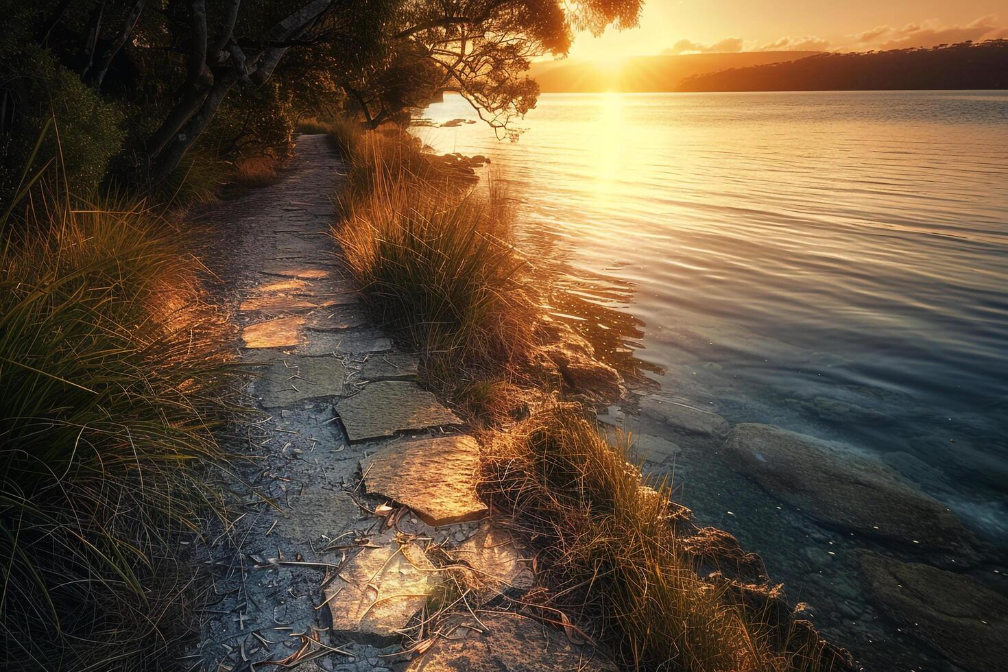 Seascape Sunlight Creating Golden Path on the Calm Surface of Secluded Bay nature background photo