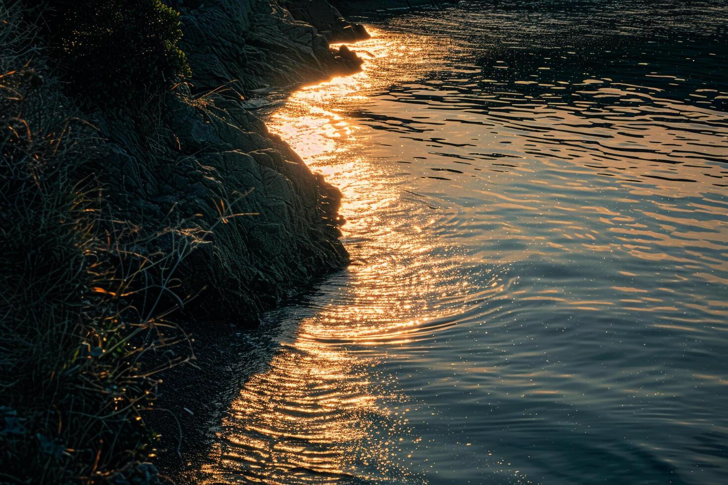 Seascape Sunlight Creating Golden Path on the Calm Surface of Secluded Bay nature background photo