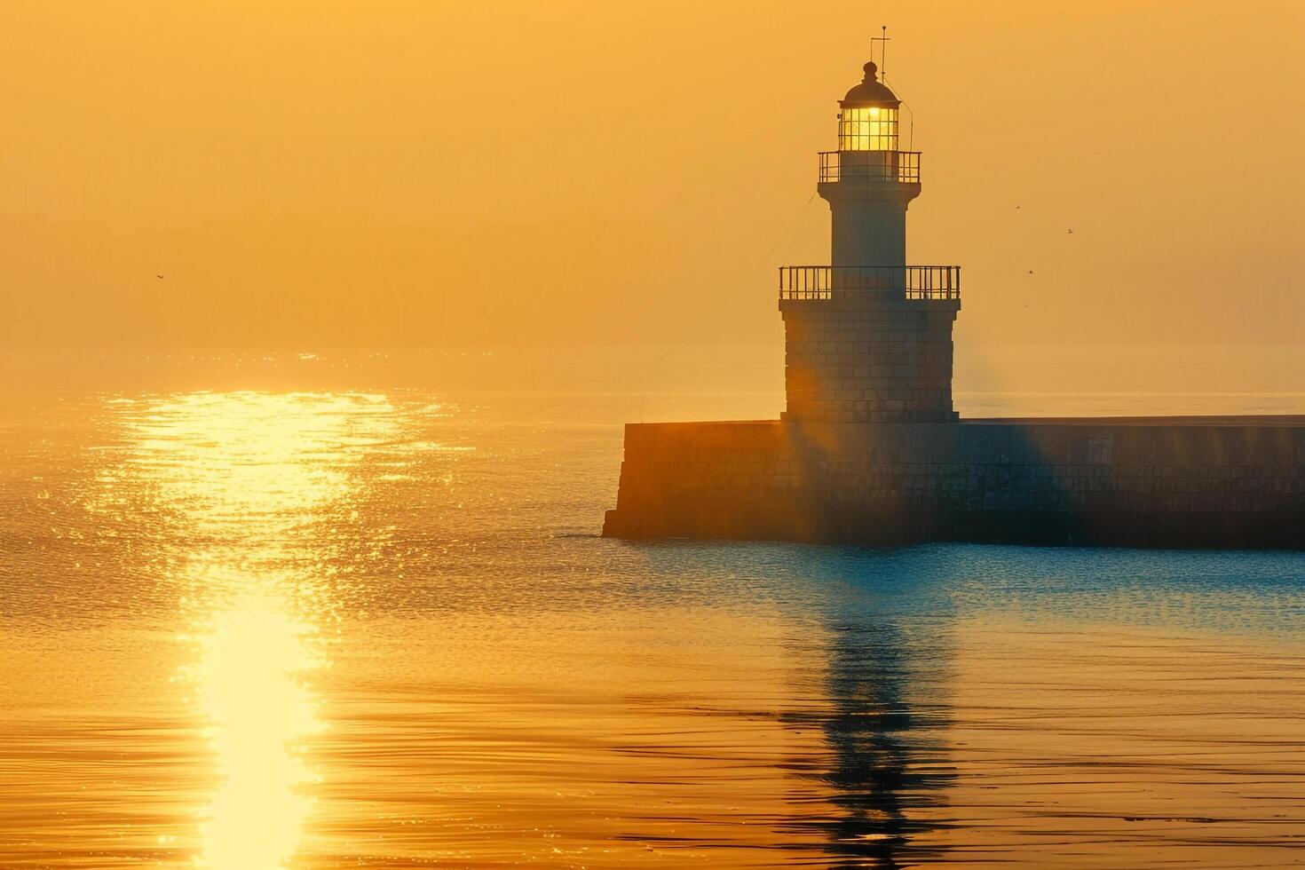 Seascape Lighthouse Bathed in Golden Sunlight Against  of Calm Azure Waters nature background photo