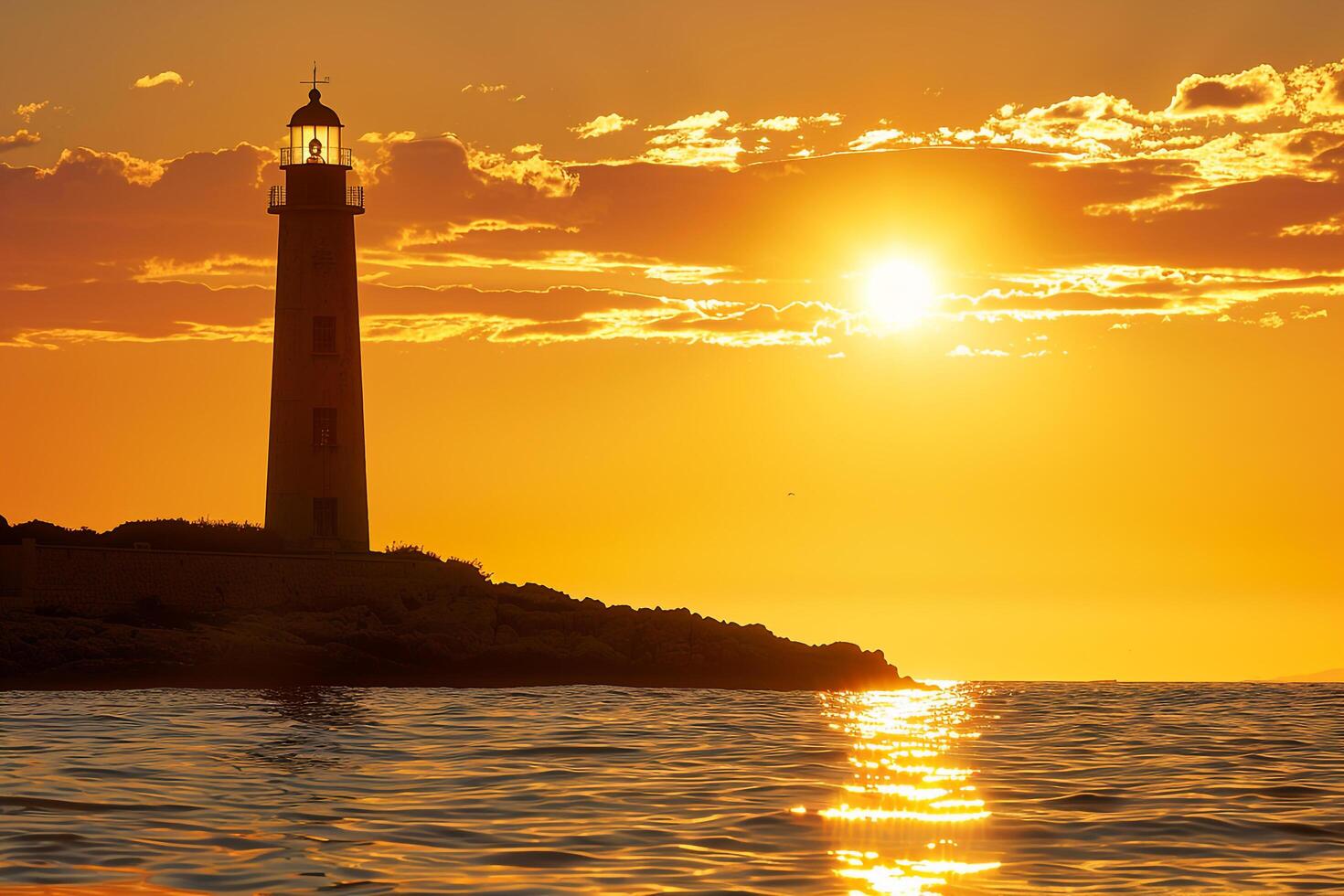 Seascape Lighthouse Bathed in Golden Sunlight Against  of Calm Azure Waters nature background photo