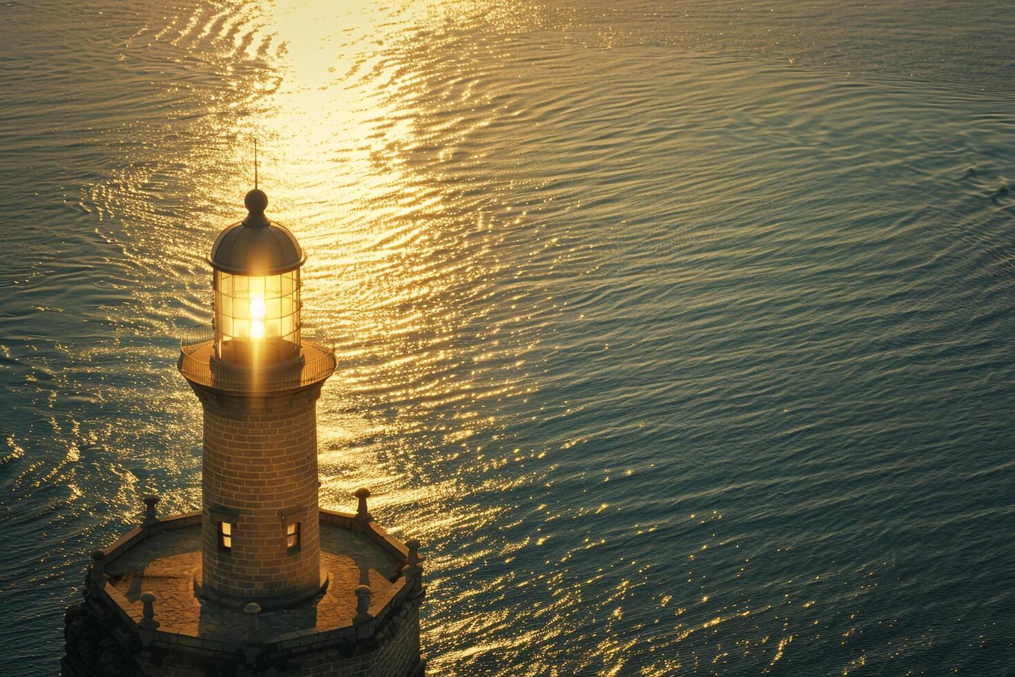 Seascape Lighthouse Bathed in Golden Sunlight Against  of Calm Azure Waters nature background photo