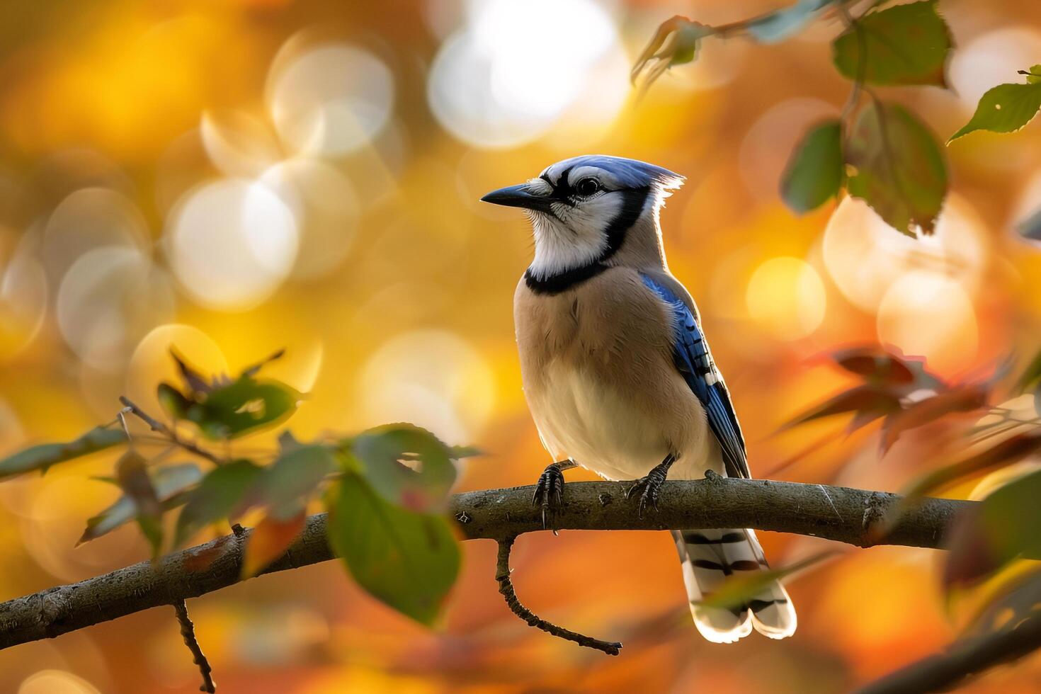 Sunlight Filtering Through Autumn Leaves Around Blue Jay with nature background photo