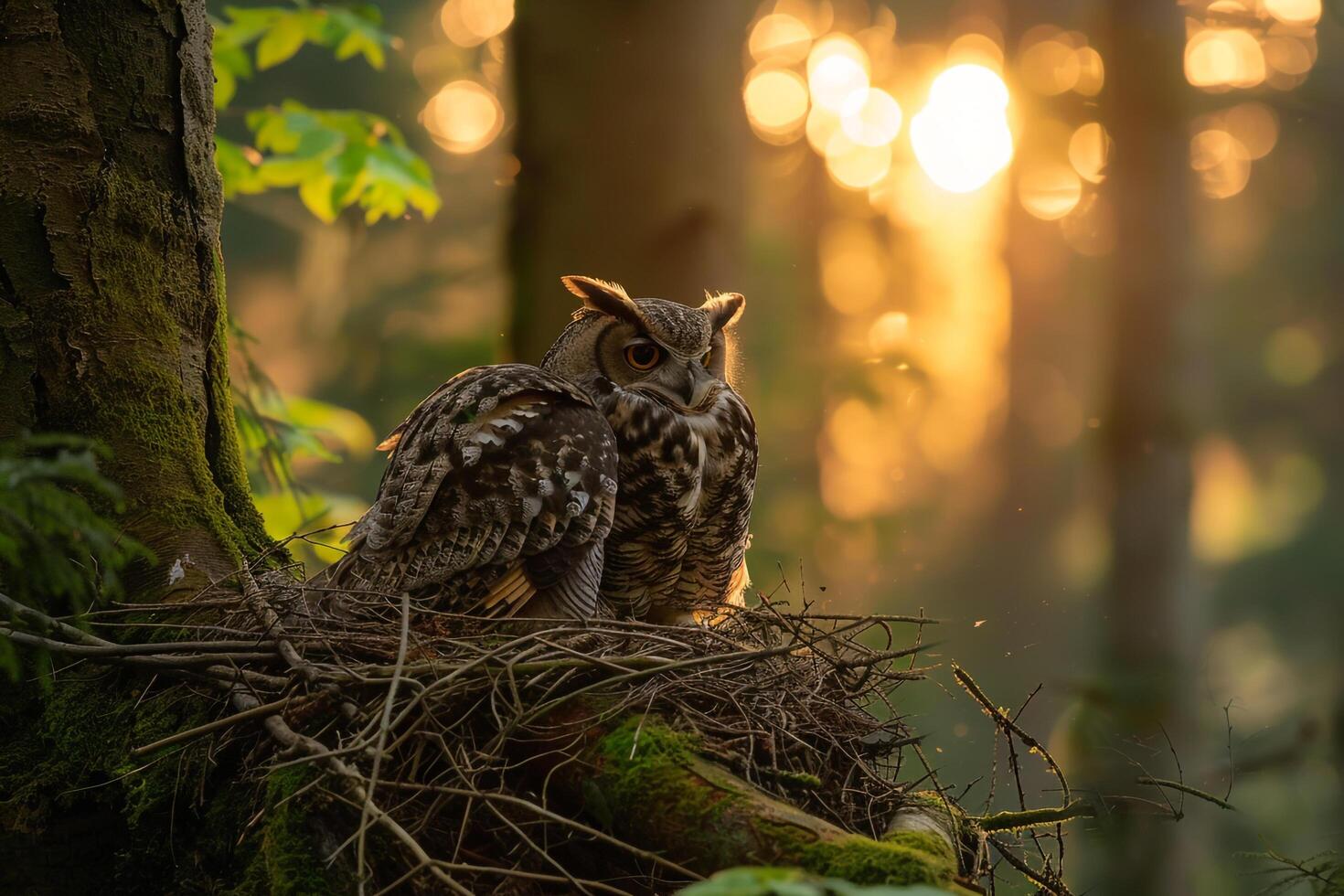 Sunlight Filtering Through Branches Around Nesting Pair of Owls with nature background photo