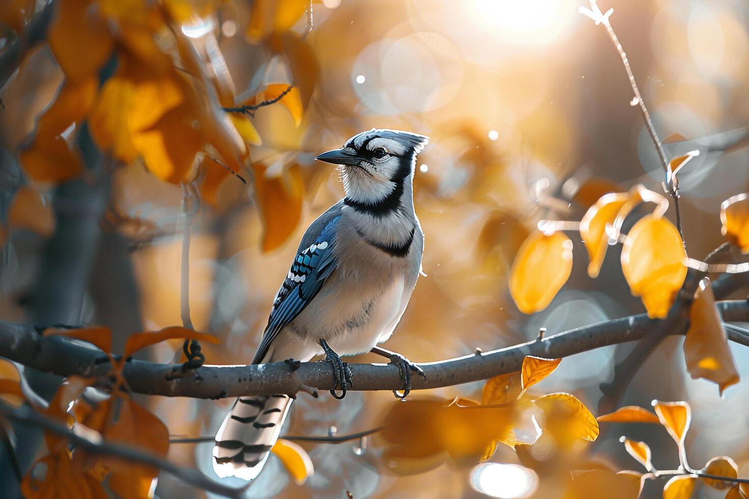 Sunlight Filtering Through Autumn Leaves Around Blue Jay with nature background photo