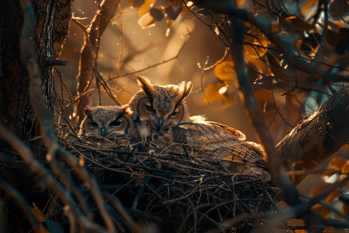 Sunlight Filtering Through Branches Around Nesting Pair of Owls with nature background photo