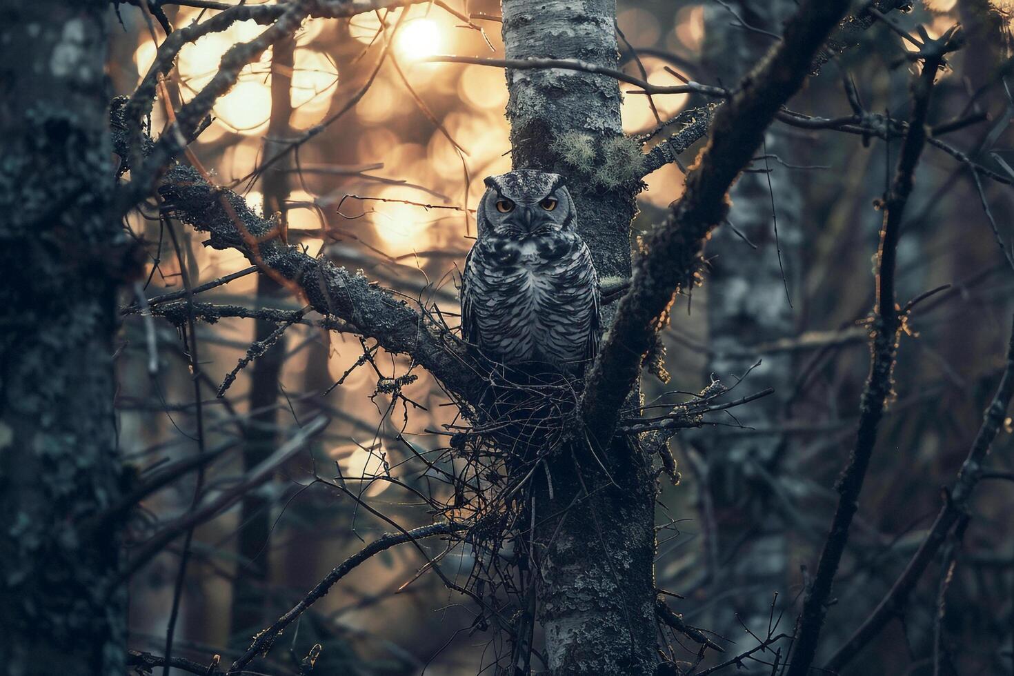 Sunlight Filtering Through Branches Around Nesting Pair of Owls with nature background photo