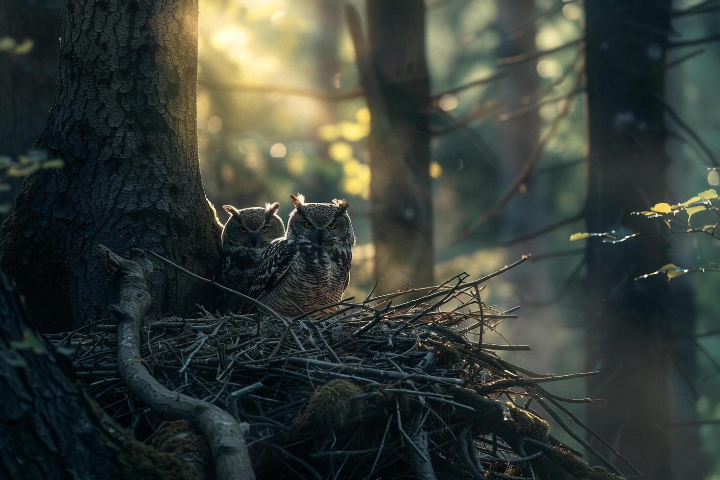 Sunlight Filtering Through Branches Around Nesting Pair of Owls with nature background photo