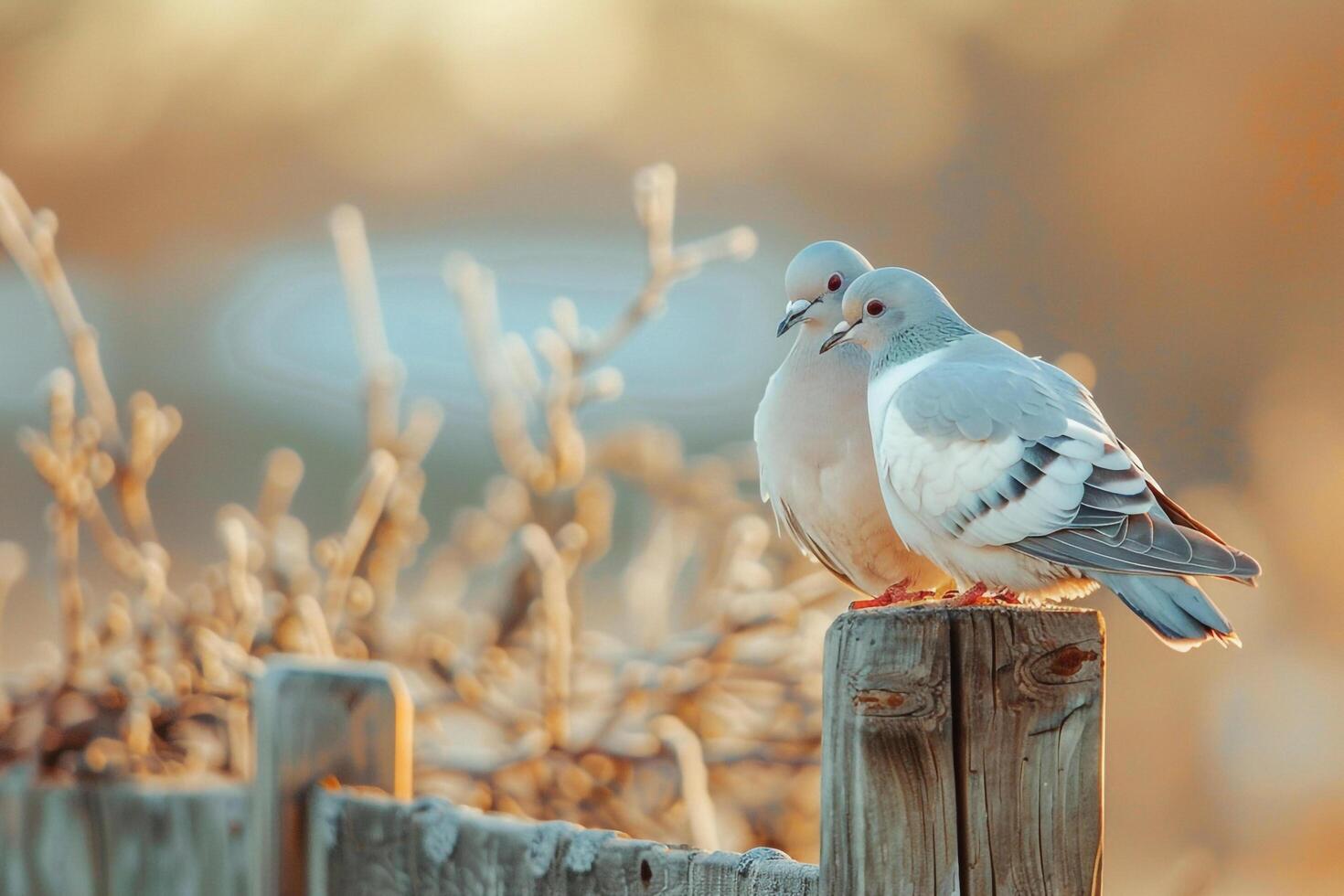 Doves Perched on Wooden Fence in Rural Farmyard nature background photo