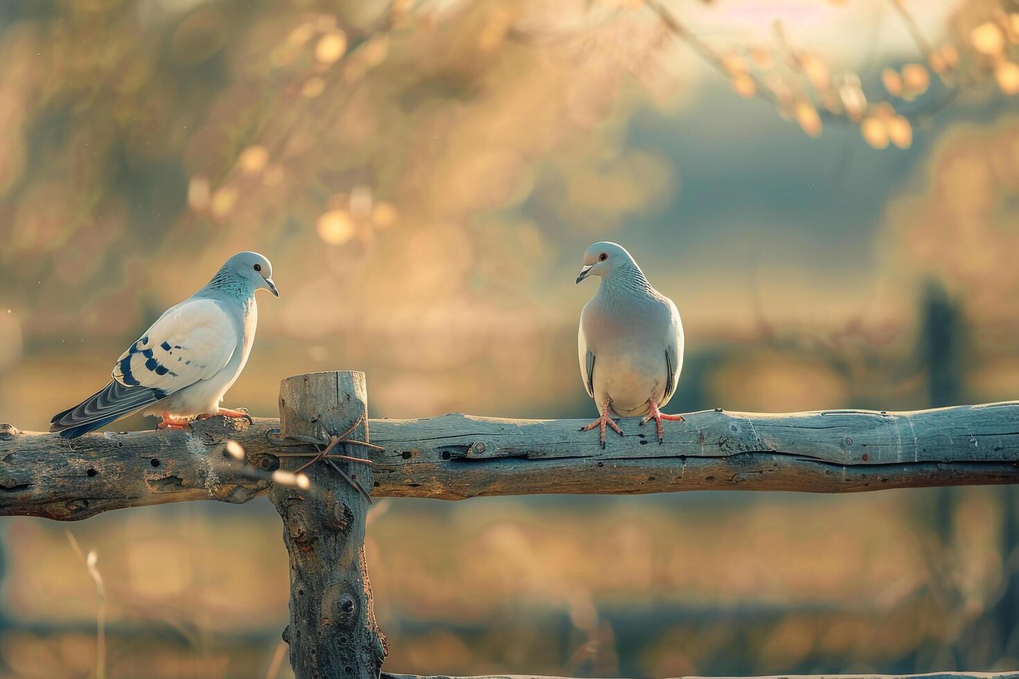 Doves on Rustic Wooden Fence in Peaceful Rural Farmyard nature background photo