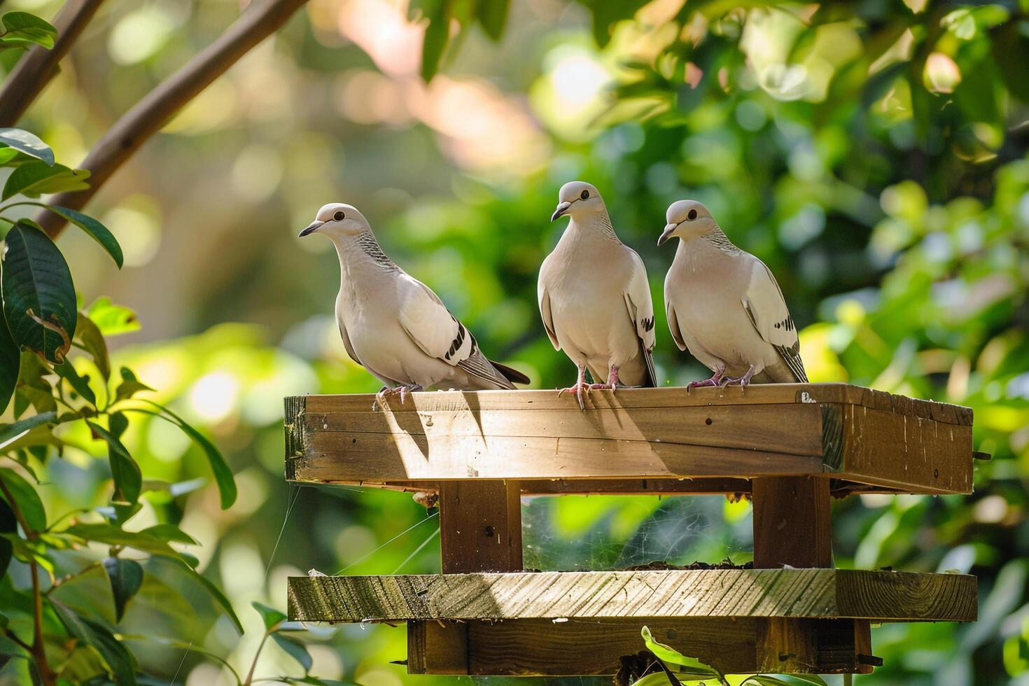 pair of doves perched peacefully on wooden bird feeder in backyard garden feathers ruffled by gentle breeze  nature nature background photo