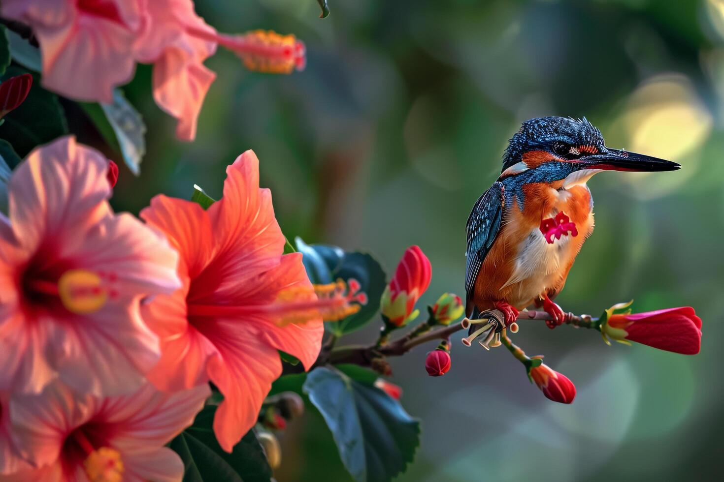 African Pygmy Kingfisher perched near hibiscus flowers nature nature background photo