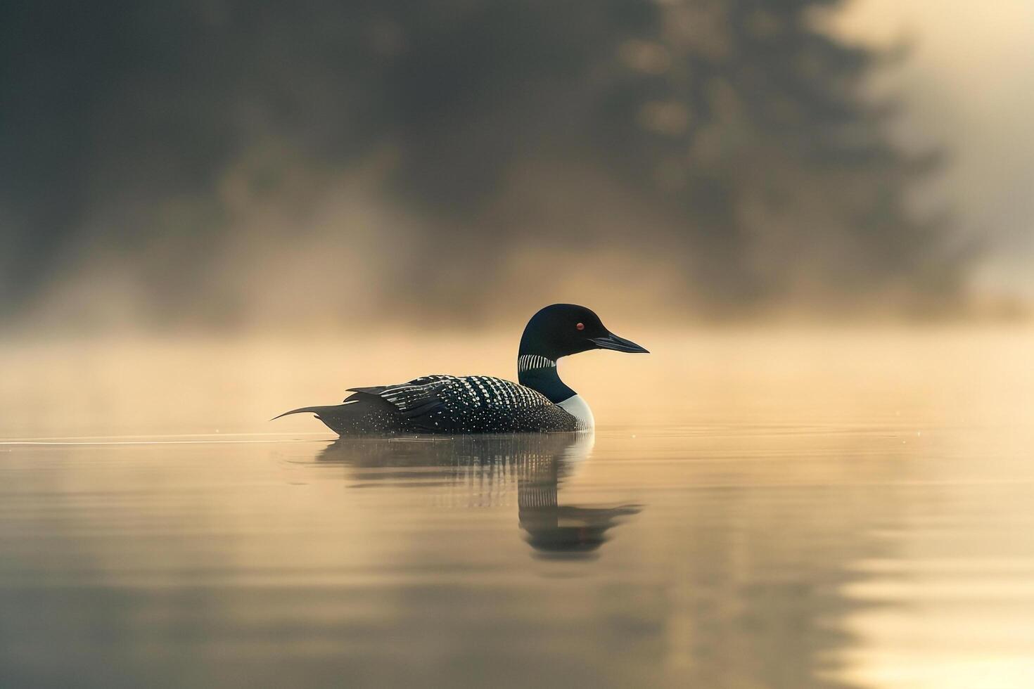 Common Loon Floating on Misty Lake nature background photo