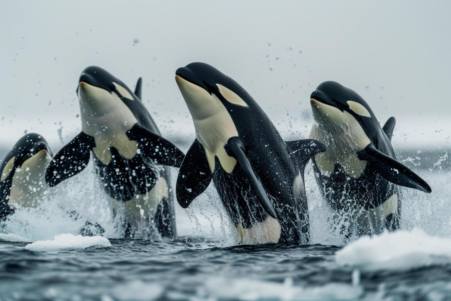 Pod of orcas breaching in icy Arctic waters nature background photo