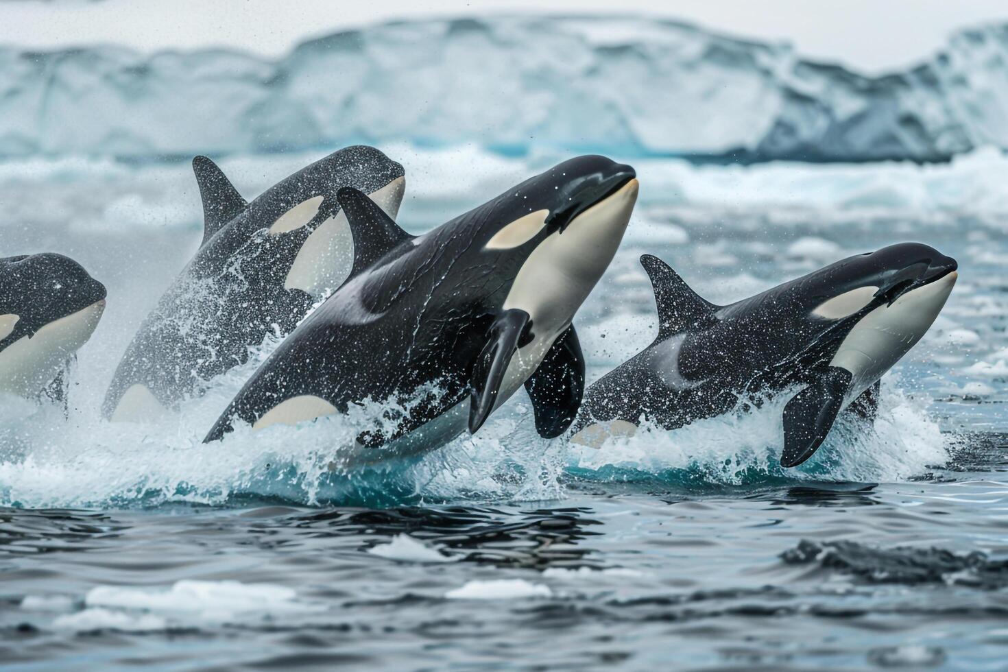 Pod of orcas breaching in icy Arctic waters nature background photo