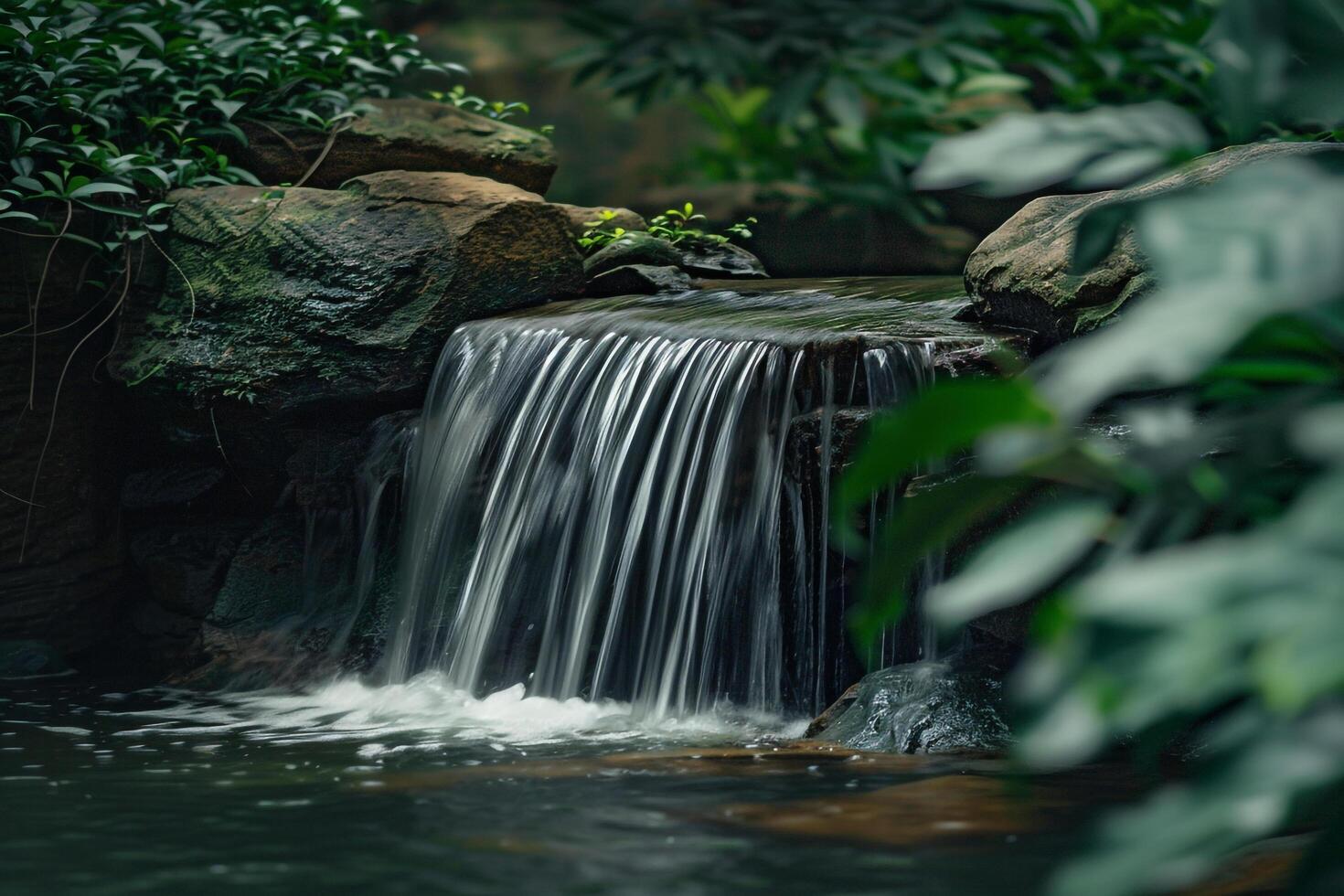 serene waterfall flowing gently into pool framed by rocks and greenery nature background photo