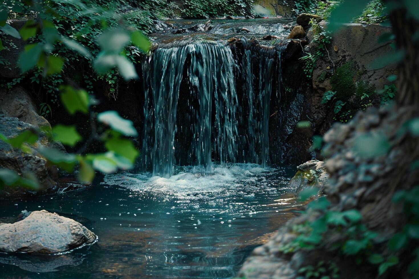 serene waterfall flowing gently into pool framed by rocks and greenery nature background photo