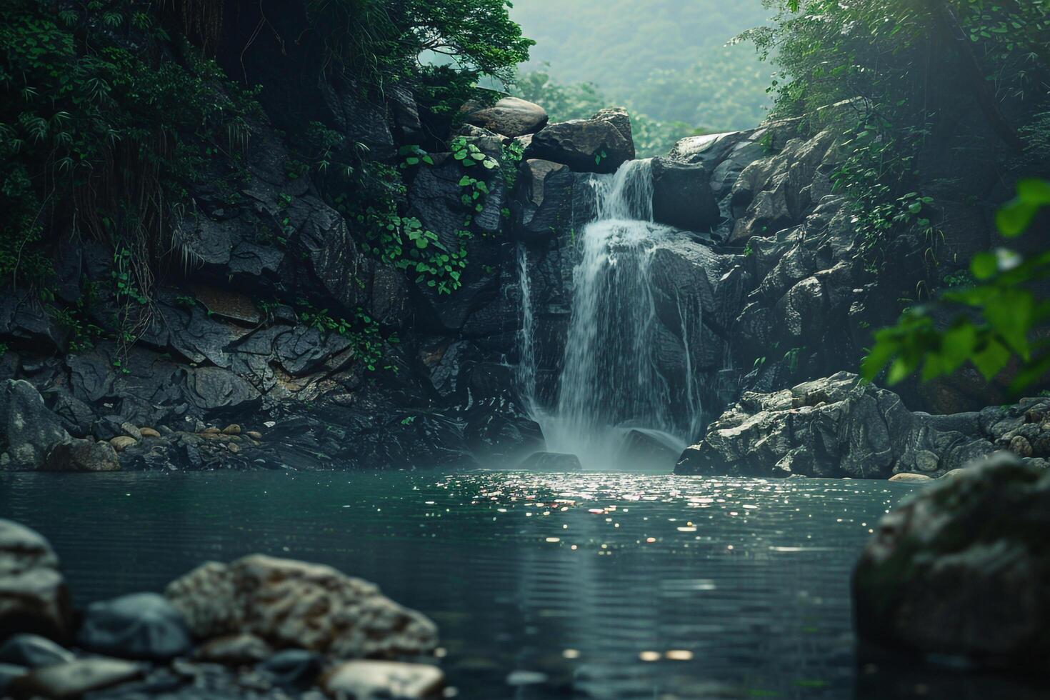 serene waterfall flowing gently into pool framed by rocks and greenery nature background photo