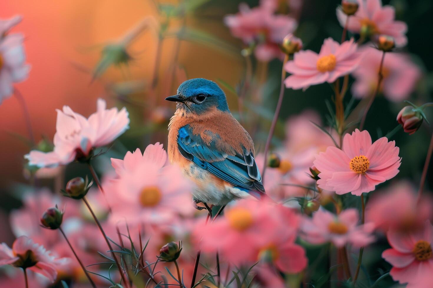 Garden Bluebird in garden with cosmos nature background photo