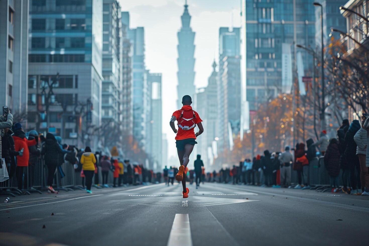 Inspirational nature background Fitness and Exercise Achieving Marathon Runner Crossing the Finish Line in City Marathon photo