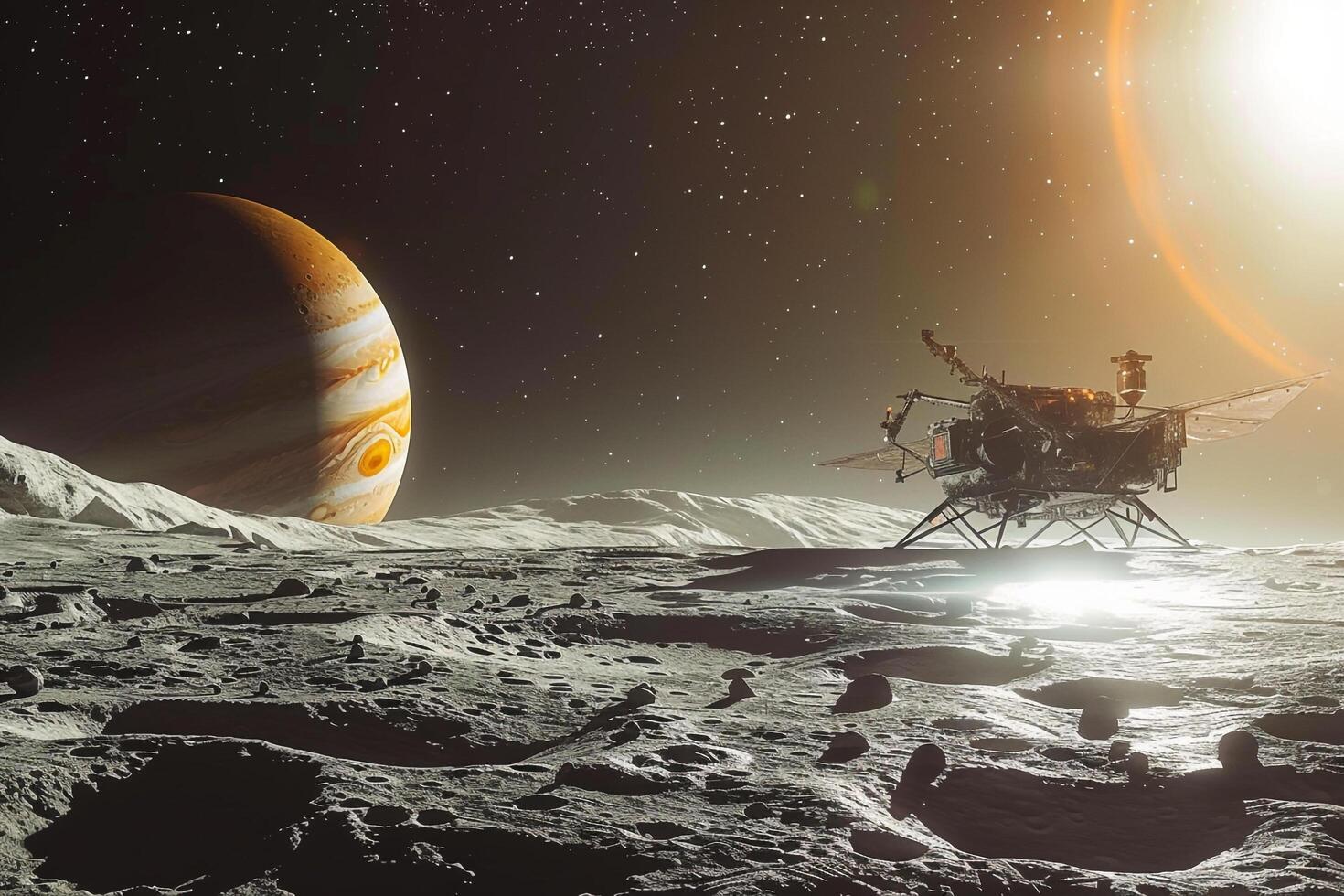 Interstellar Space Exploration Spacecraft Orbiting Jupiters Moon Europa Capturing Its Icy Surface and Potential for Life photo