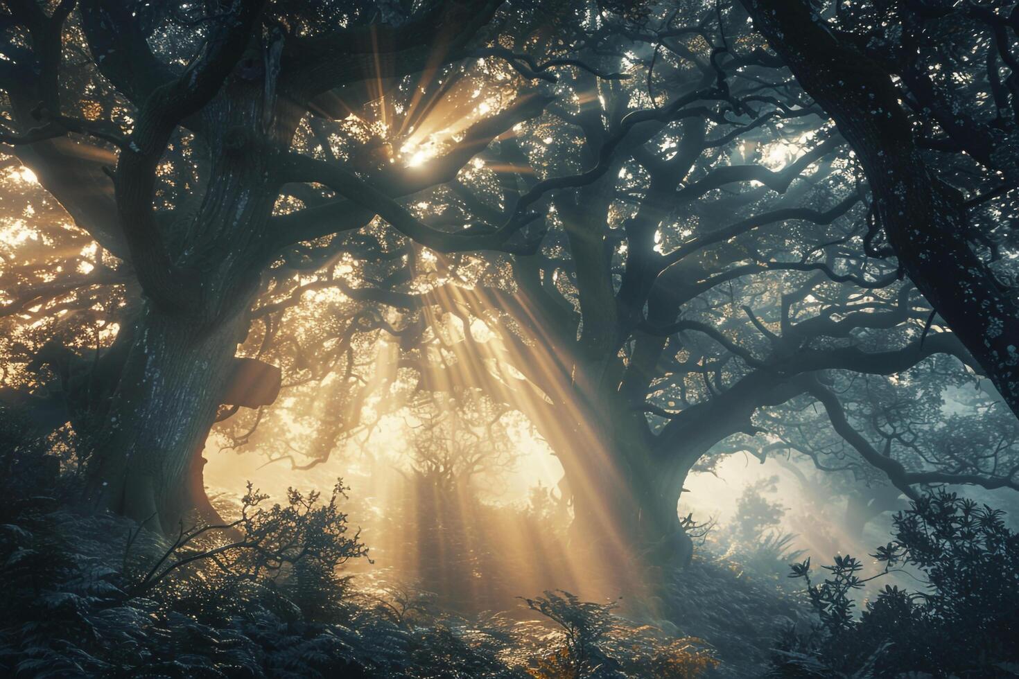 Landscape Ethereal forest shrouded in fog with sunlight breaking through the canopy   nature background photo