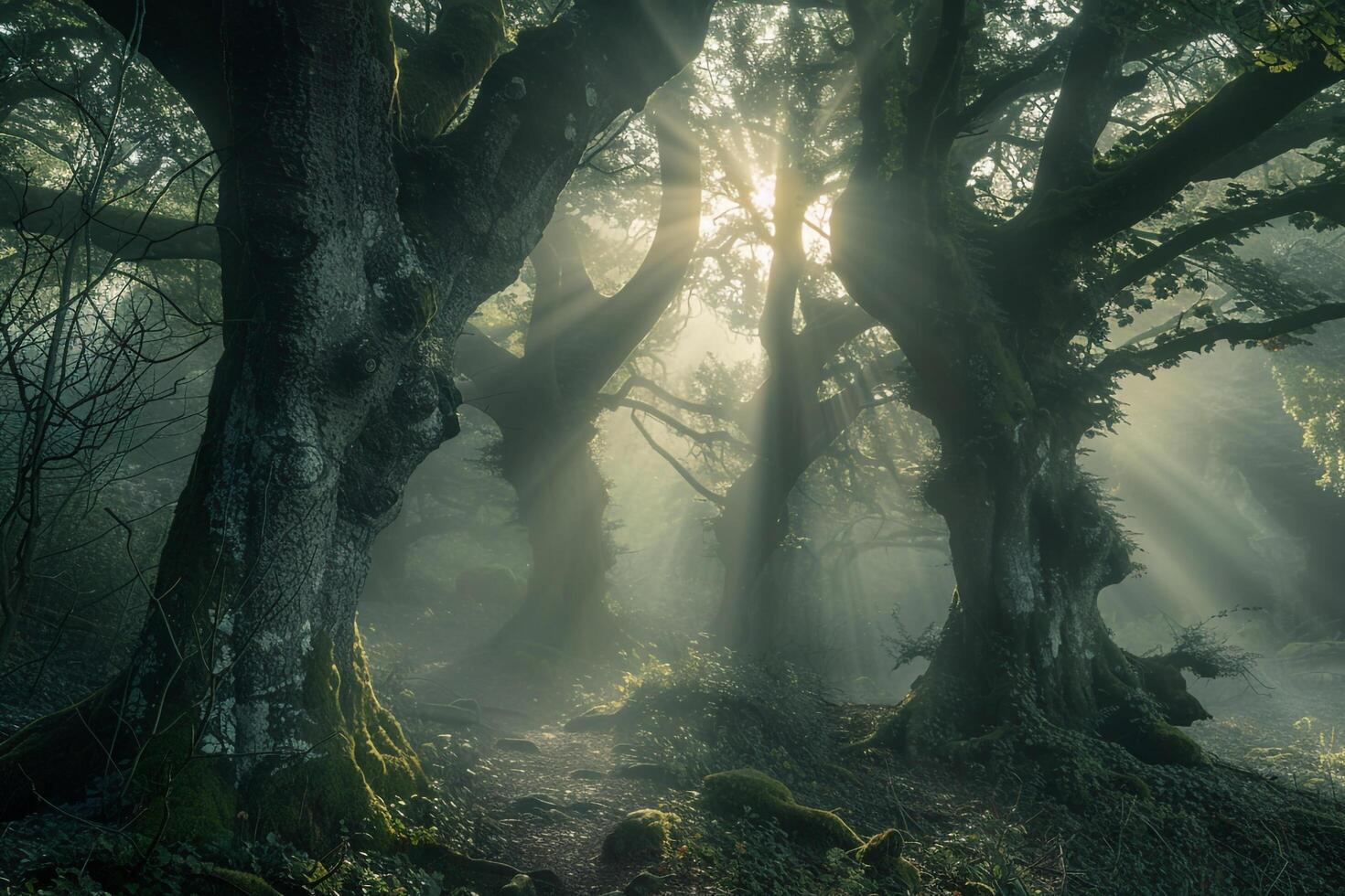 Landscape Ethereal forest shrouded in fog with sunlight breaking through the canopy   nature background photo